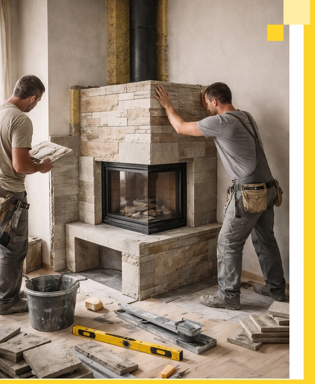 Угловые камины под ключ проект, монтаж и отделка в Мирном