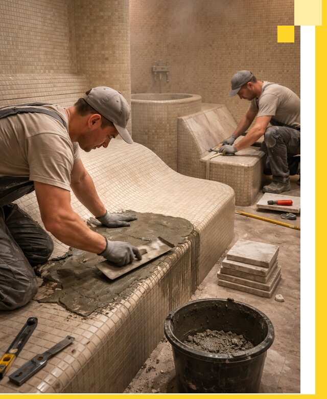 Лежаки для хамама под ключ в Мирном, проект и монтаж